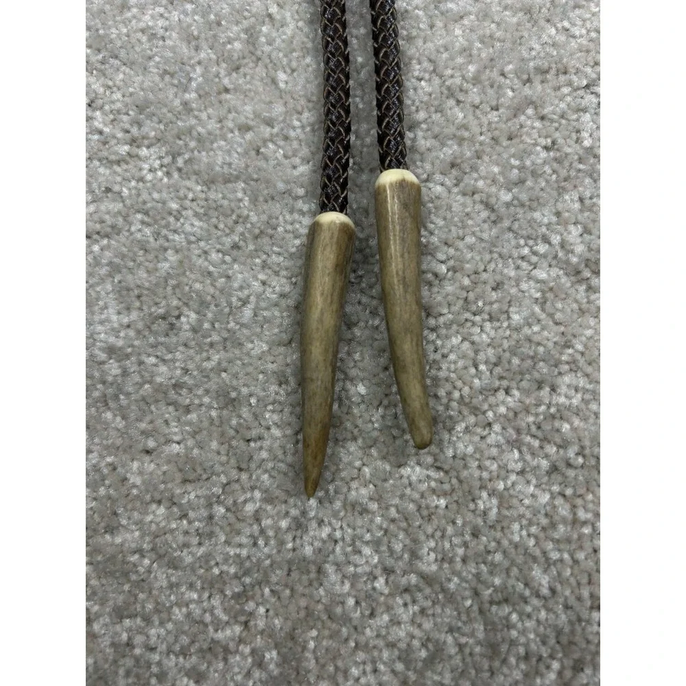 Vintage Antler Bolo Tie Western Cowboy Braided Cord Rustic Deer Horn Tips